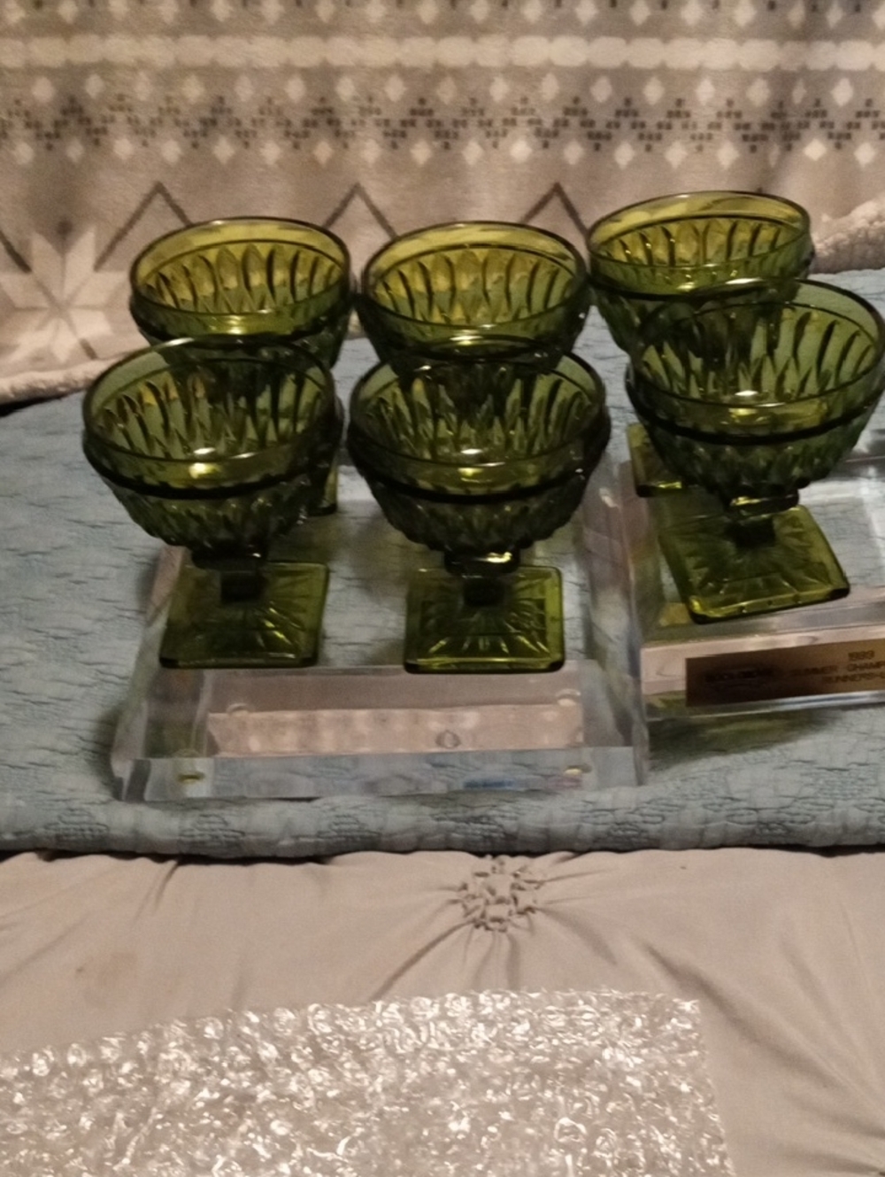 Green Glass Pedestal Dessert Cups - Set of 6